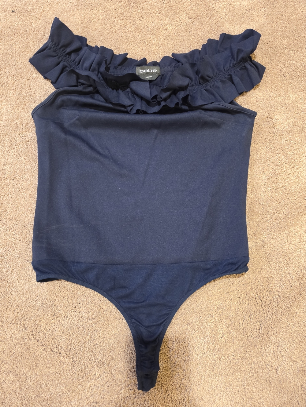 bebe Navy Off-Shoulder Ruffle Bodysuit
